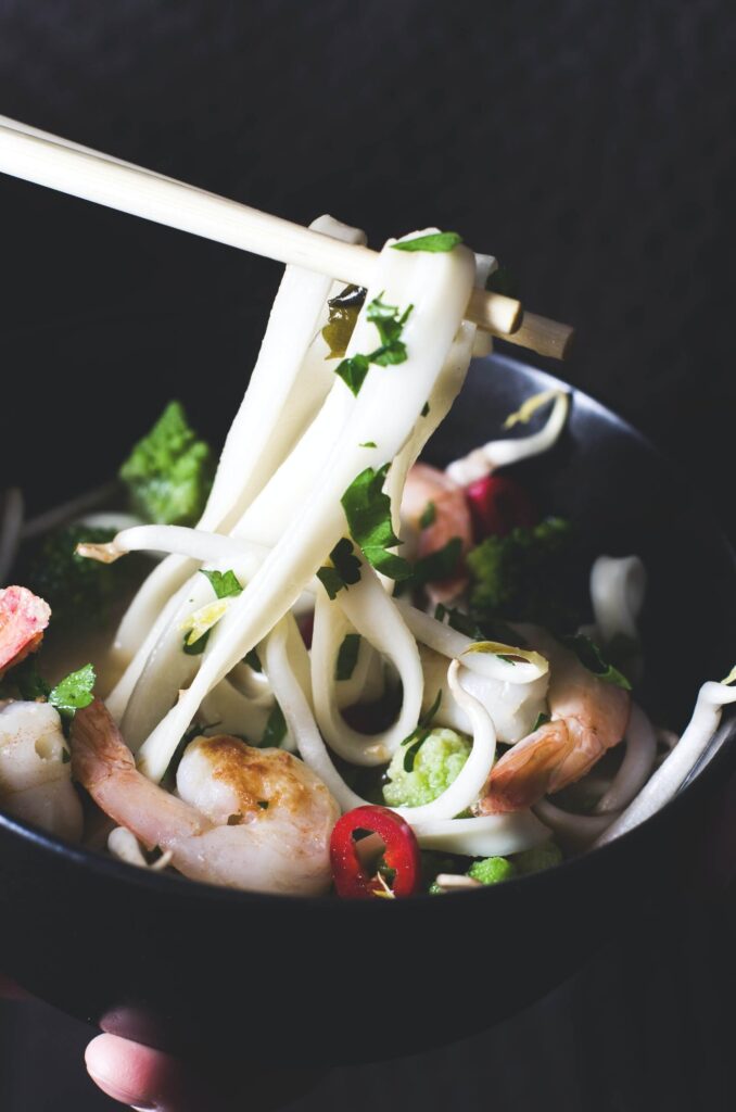 An Asian dish with seafood and noodles