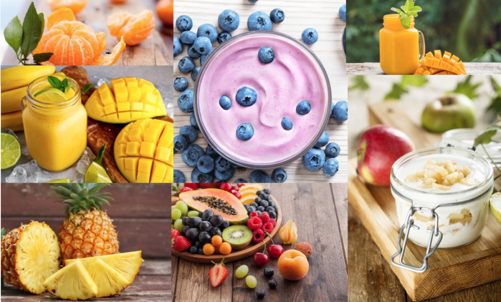 A colorful assortment of fruits and vegetables arranged in a collage.